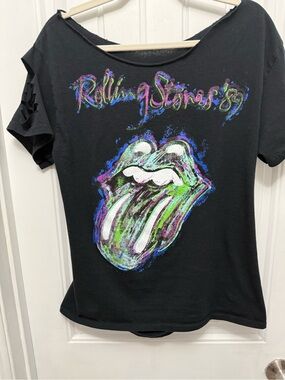 Custom Ripped Cut Distressed Tshirt Rolling Stones Size Large Rock Grunge(38-10)